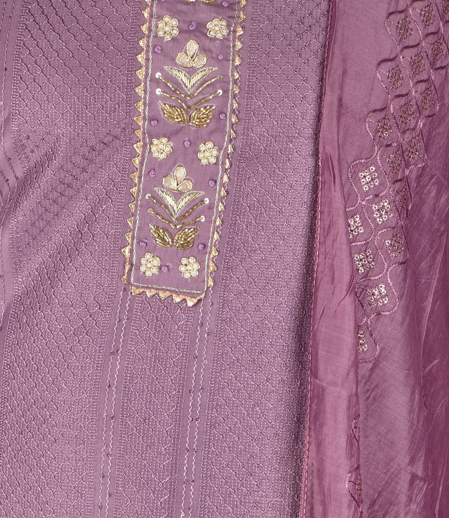 Purple Silk Self Embriodery Kurta with Trousers and Dupatta