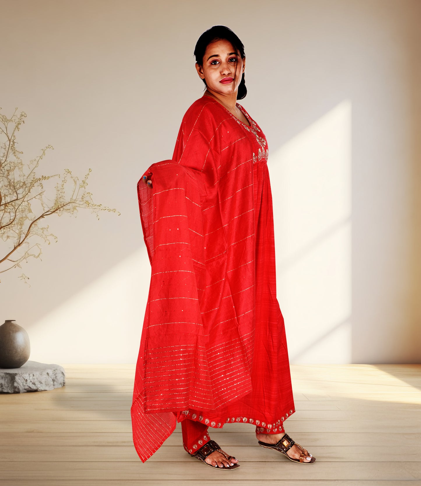 Red Ethnic Motifs Embroidered High Slit Threadwork Kurta with Trousers and Dupatta
