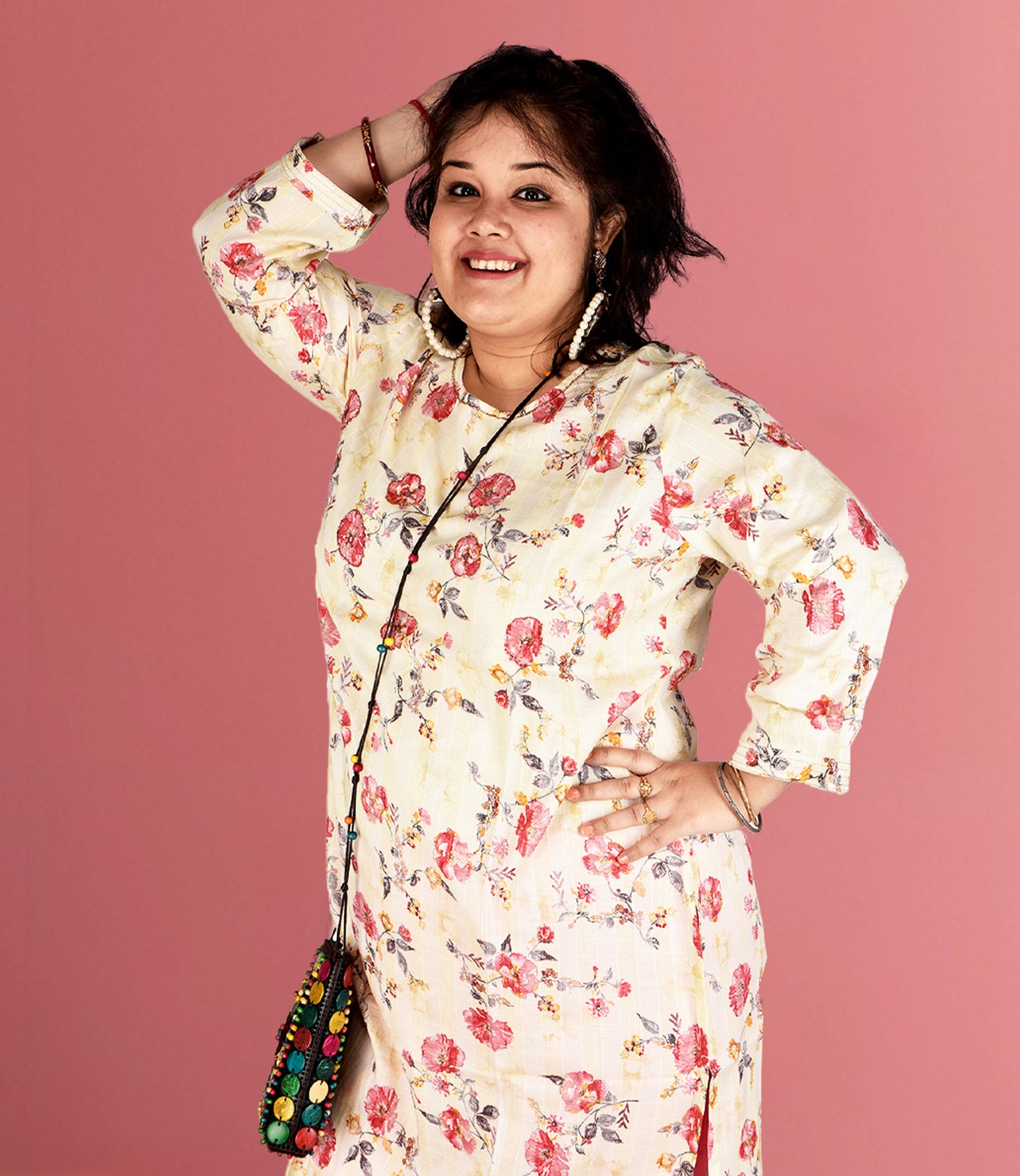 Plus Size Muslin Cream Floral Print Kurti