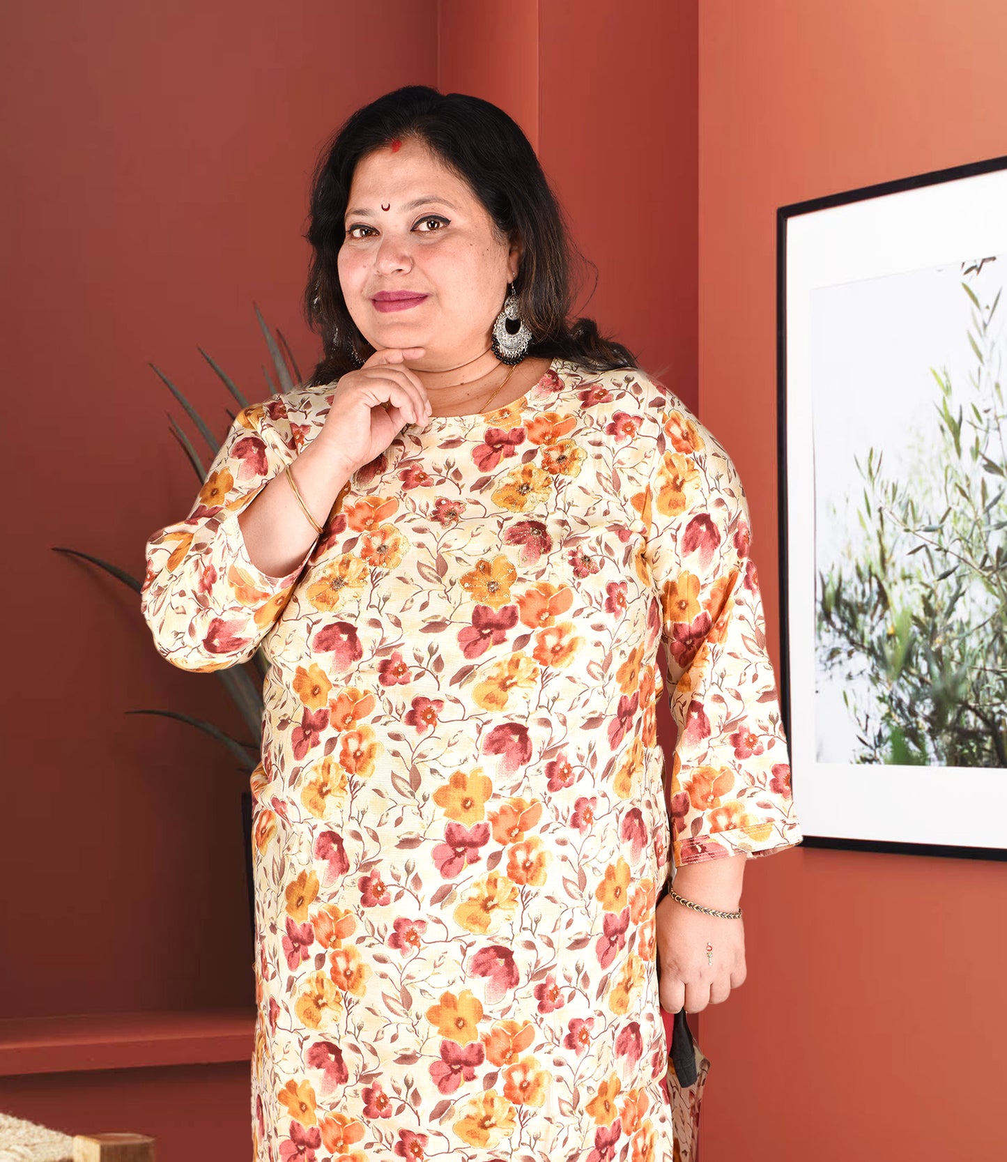 Plus Size Muslin Kurti with Lemon Yellow Floral Print