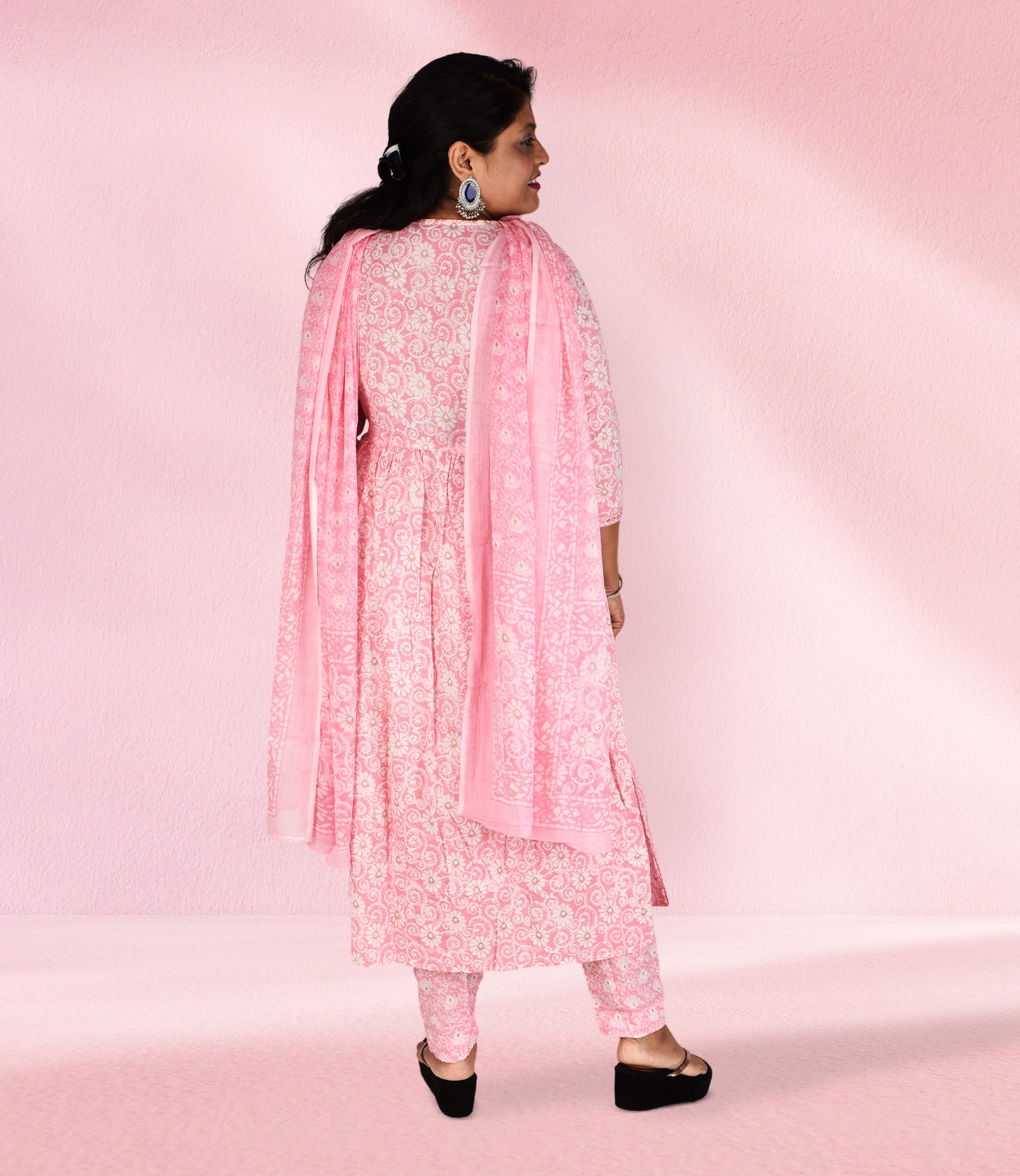 Pink Cotton Embroidered Mirror Work Flared Stitched Kurti Set With Dupatta