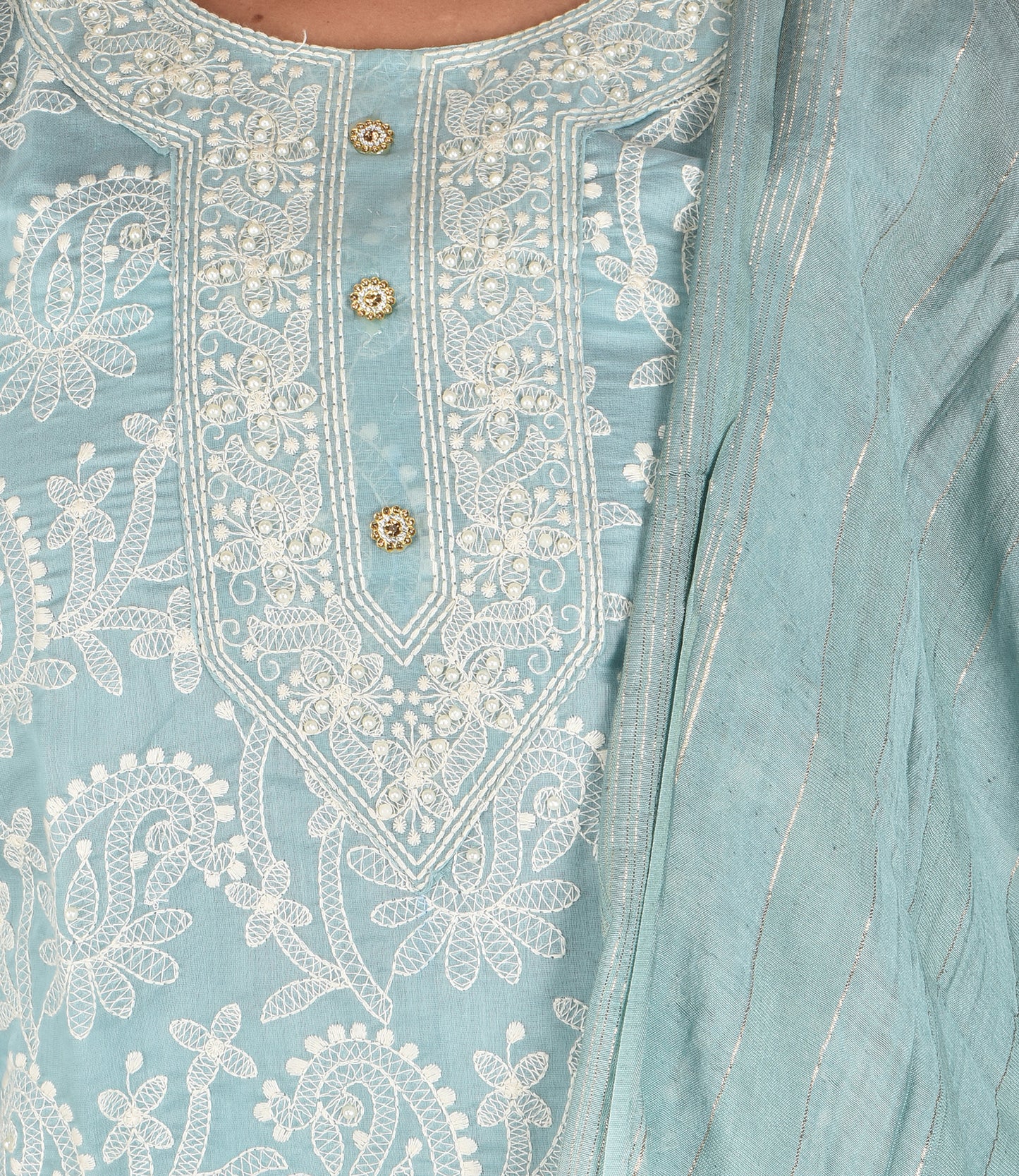 Blue Embriodered Kurta with Trousers and Dupatta