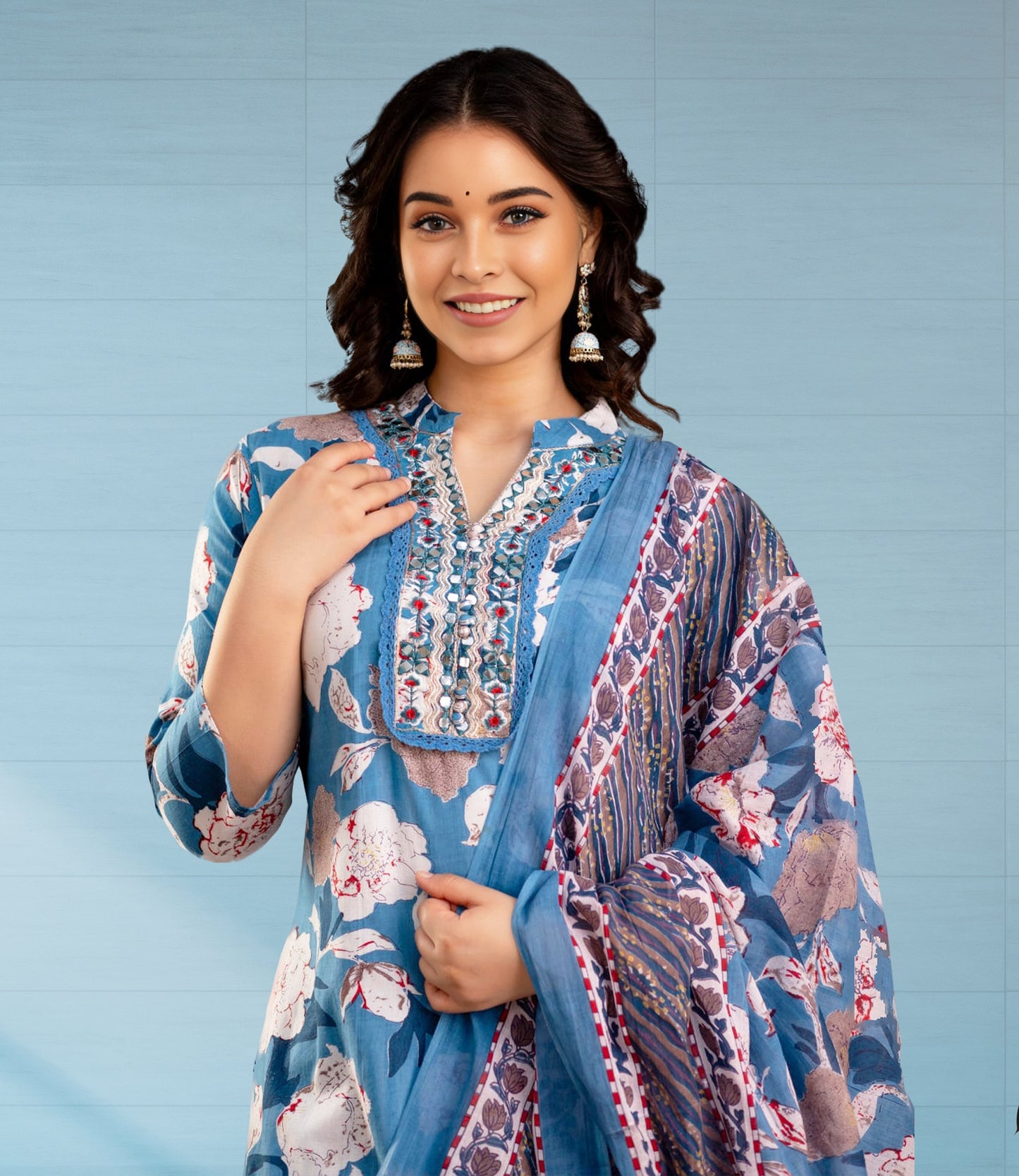 Blue and Beige Floral Print Salwar Suit