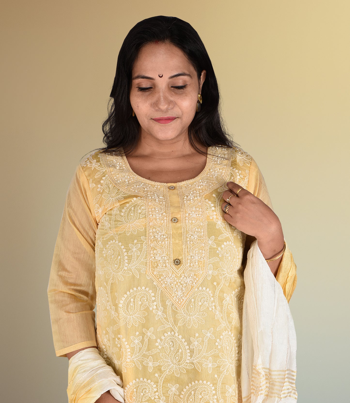 Lemon Yellow Embriodered Kurta with Trousers and Dupatta
