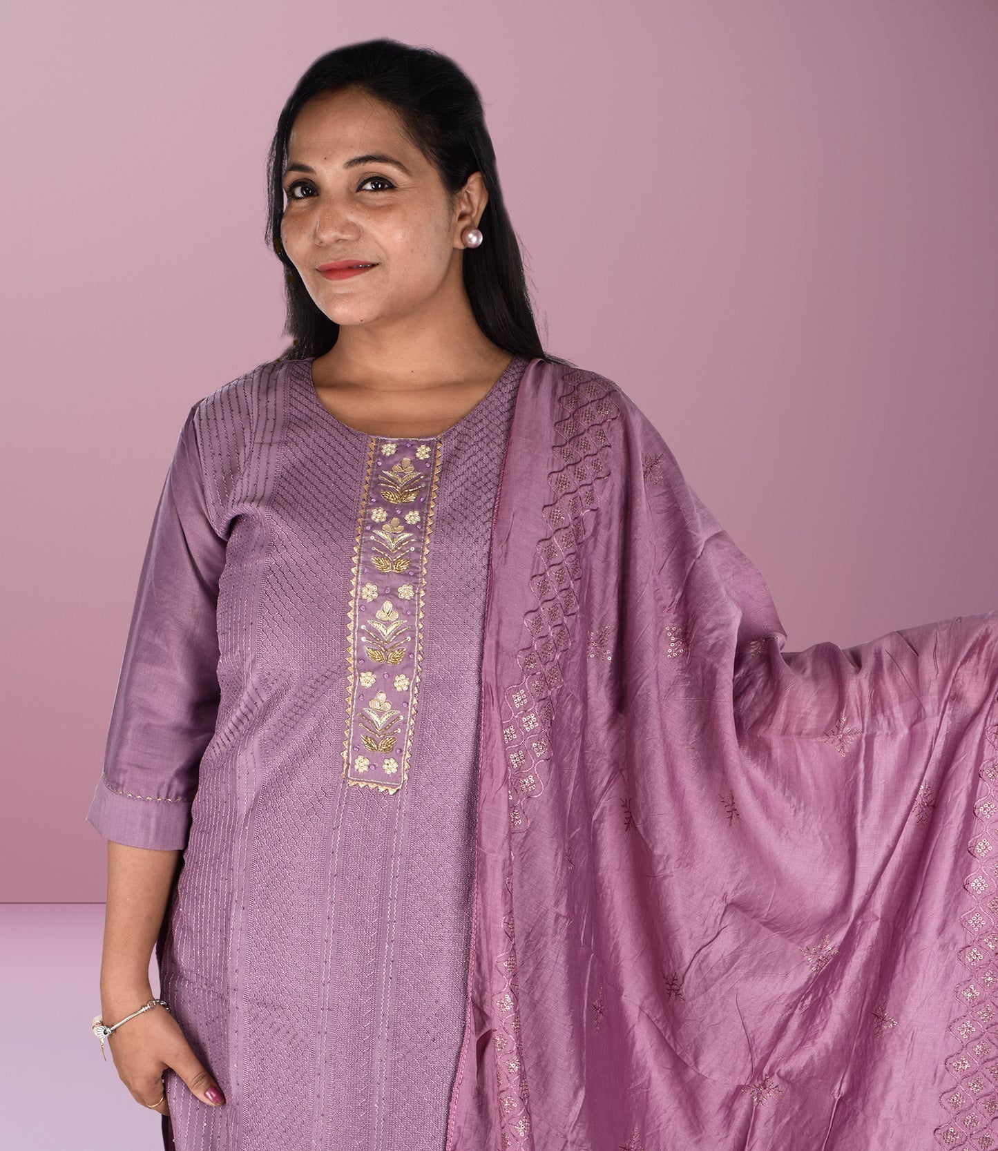 Purple Silk Self Embriodery Kurta with Trousers and Dupatta