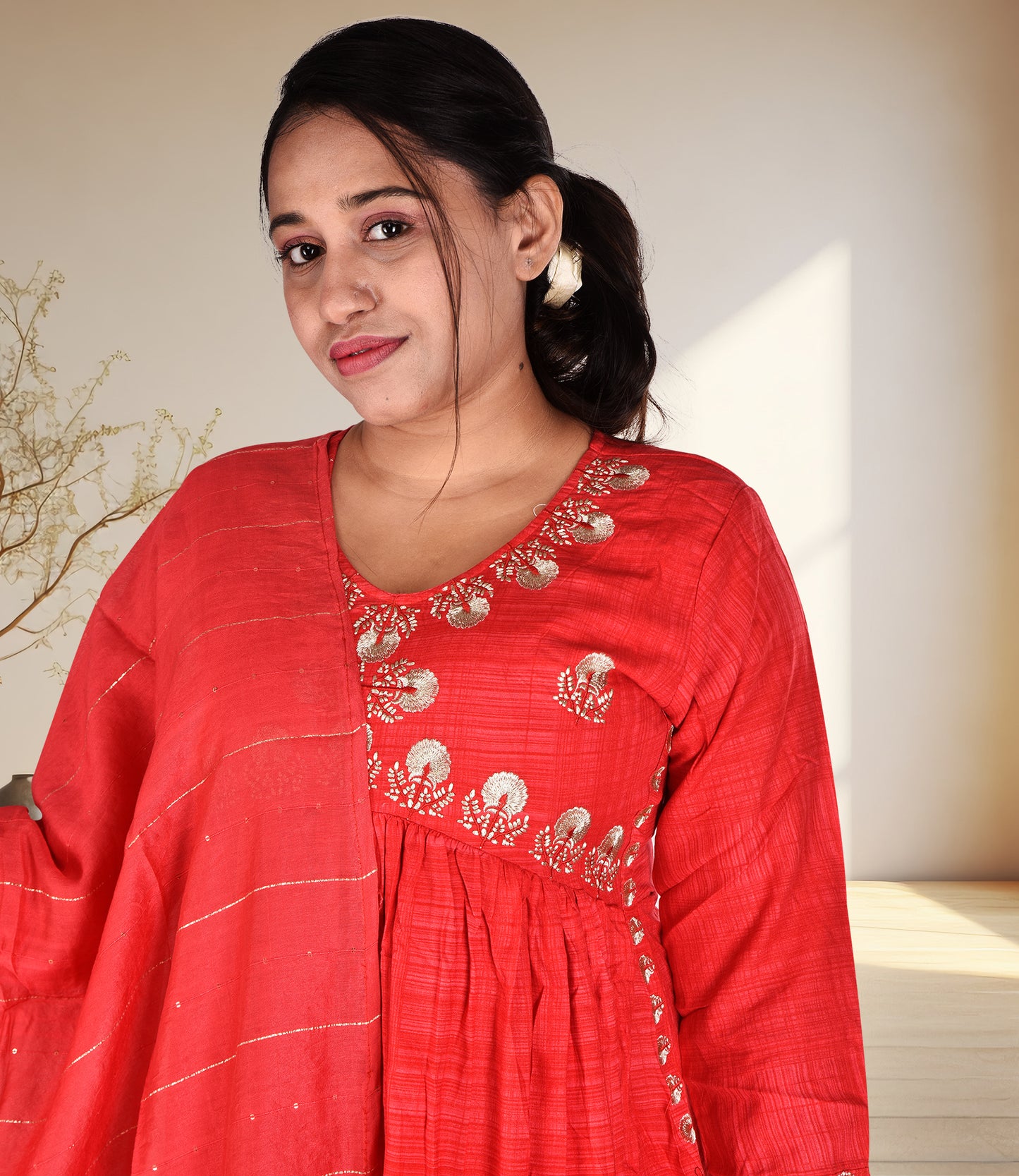 Red Ethnic Motifs Embroidered High Slit Threadwork Kurta with Trousers and Dupatta