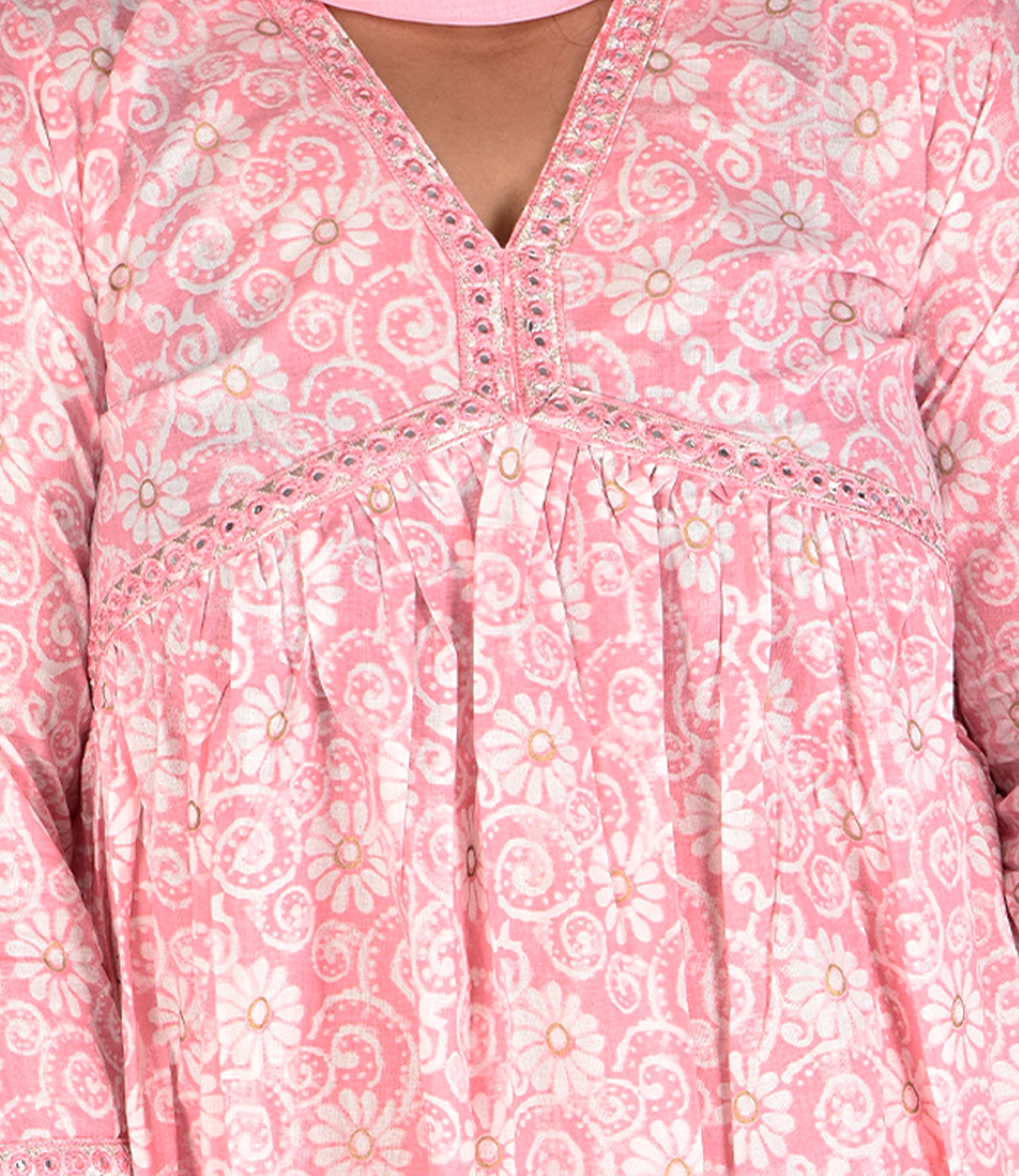 Pink Cotton Embroidered Mirror Work Flared Stitched Kurti Set With Dupatta