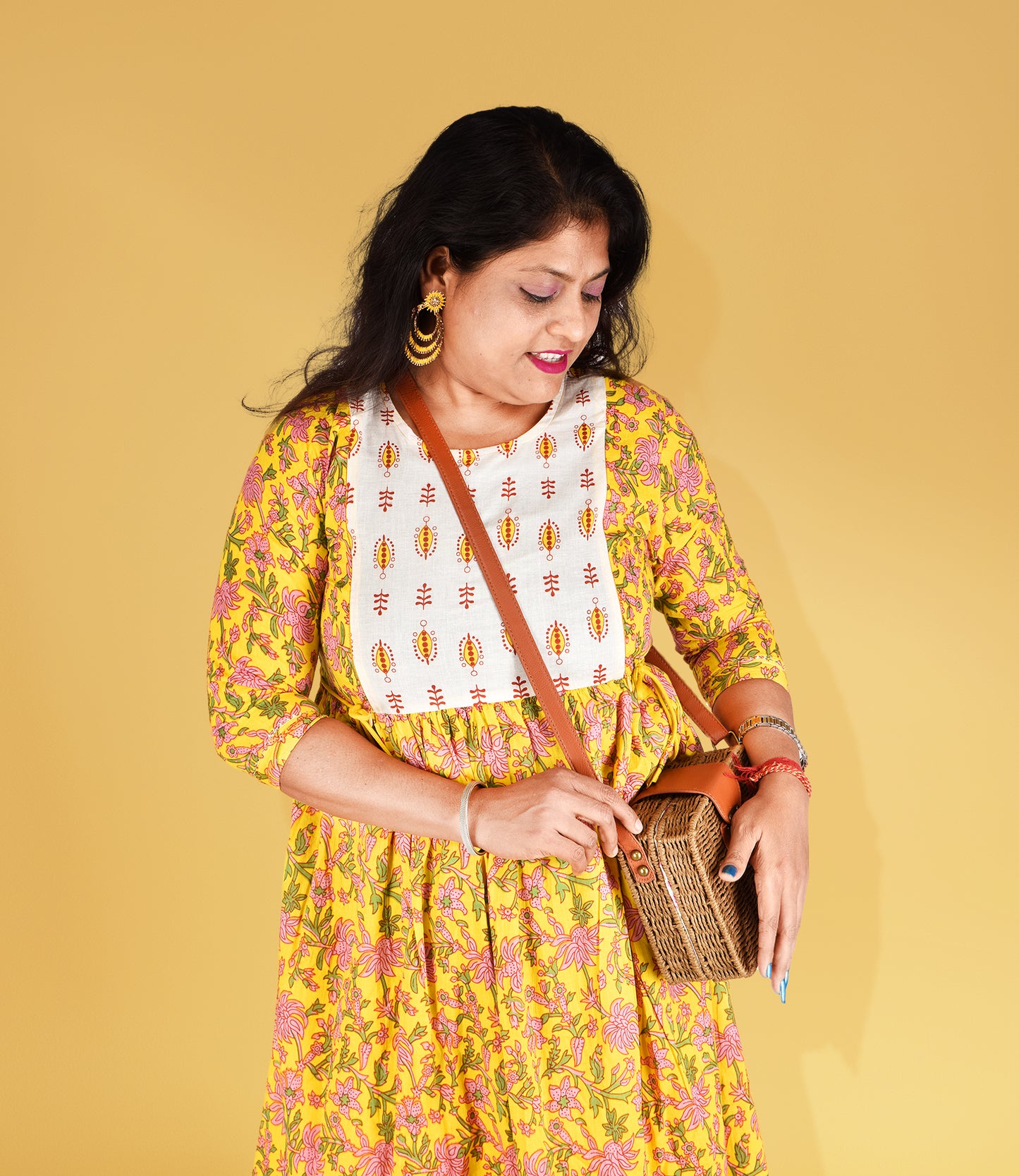 Yellow Cotton Flared Ethnic Dress