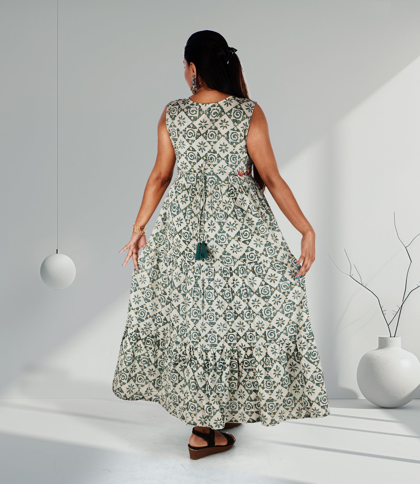 Green Mirror Embroidery Flared Ethnic Dress