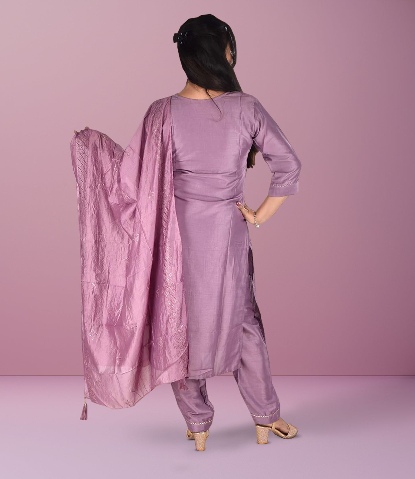 Purple Silk Self Embriodery Kurta with Trousers and Dupatta