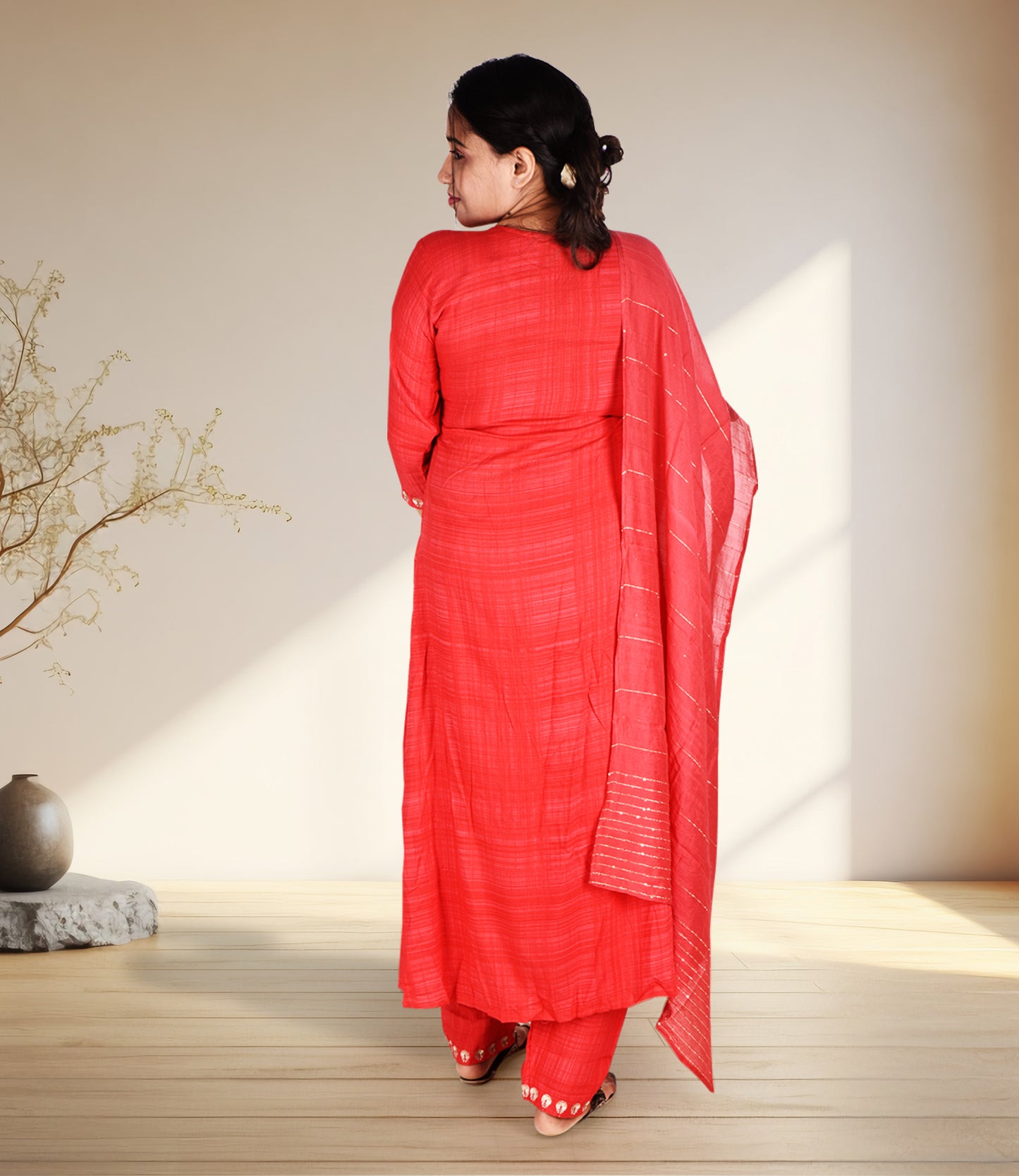 Red Ethnic Motifs Embroidered High Slit Threadwork Kurta with Trousers and Dupatta