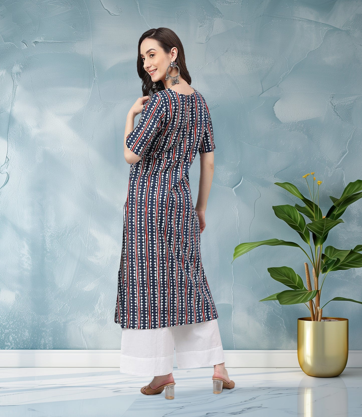 Navy Blue Cotton Geometric Straight Kurta