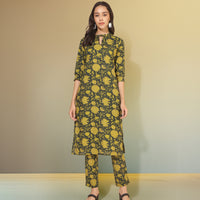 Dark Green Cotton Floral Straight Co-ord Set