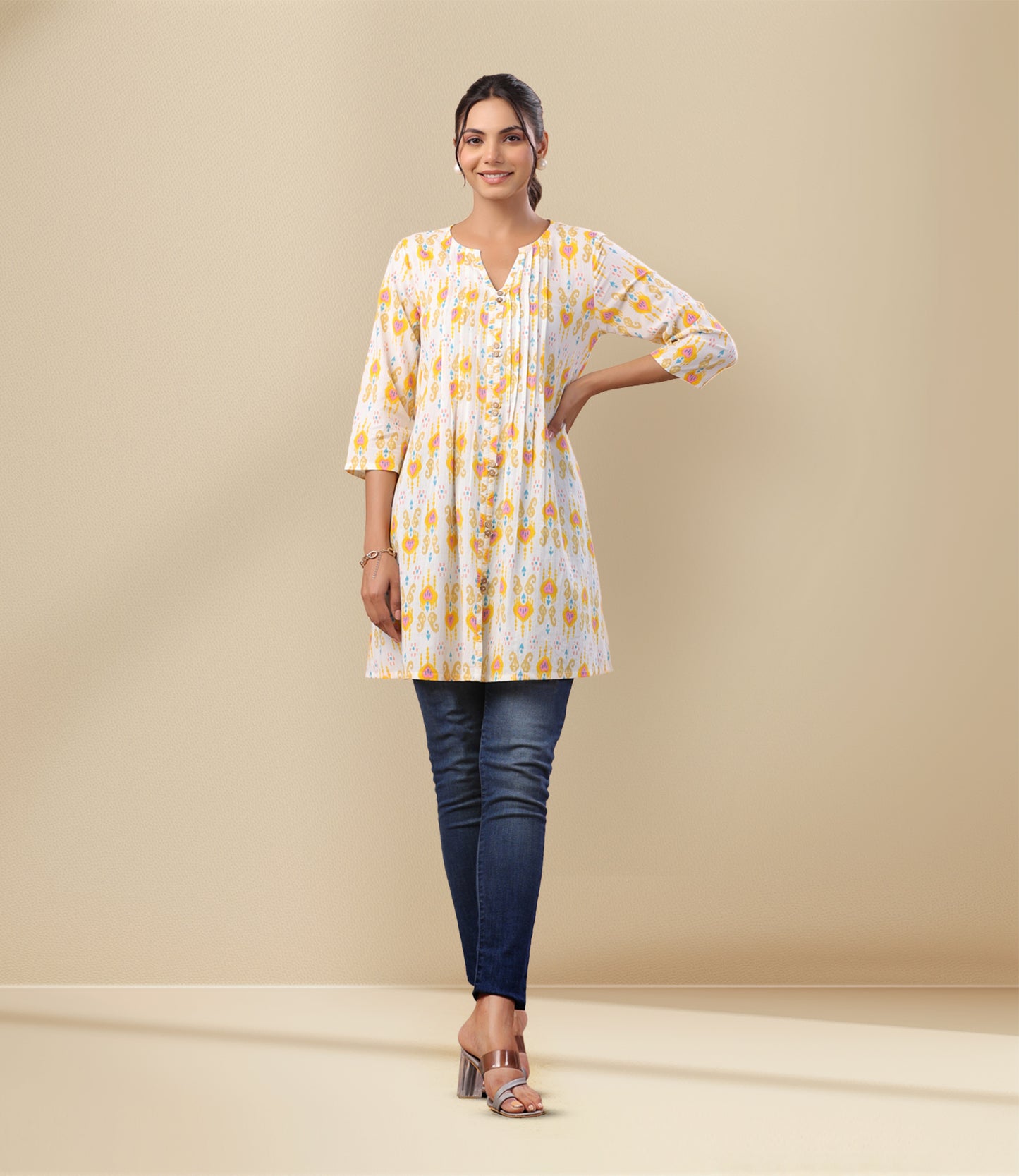 White Cotton Ikkat Pleated Tunic