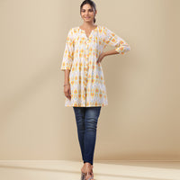 White Cotton Ikkat Pleated Tunic