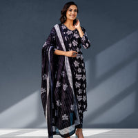 Navy Blue Floral Print Kurta Set