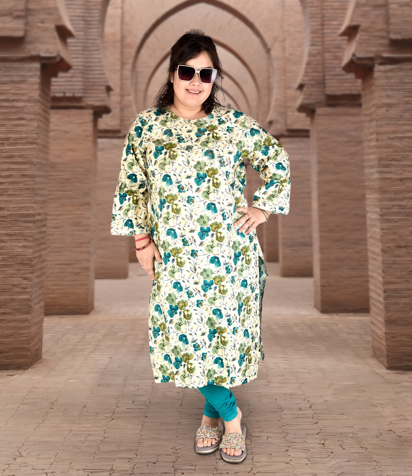 Green Floral Print Plus Size Muslin Kurti with Lemon Yellow Floral Print