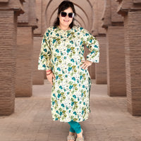 Green Floral Print Plus Size Muslin Kurti with Lemon Yellow Floral Print