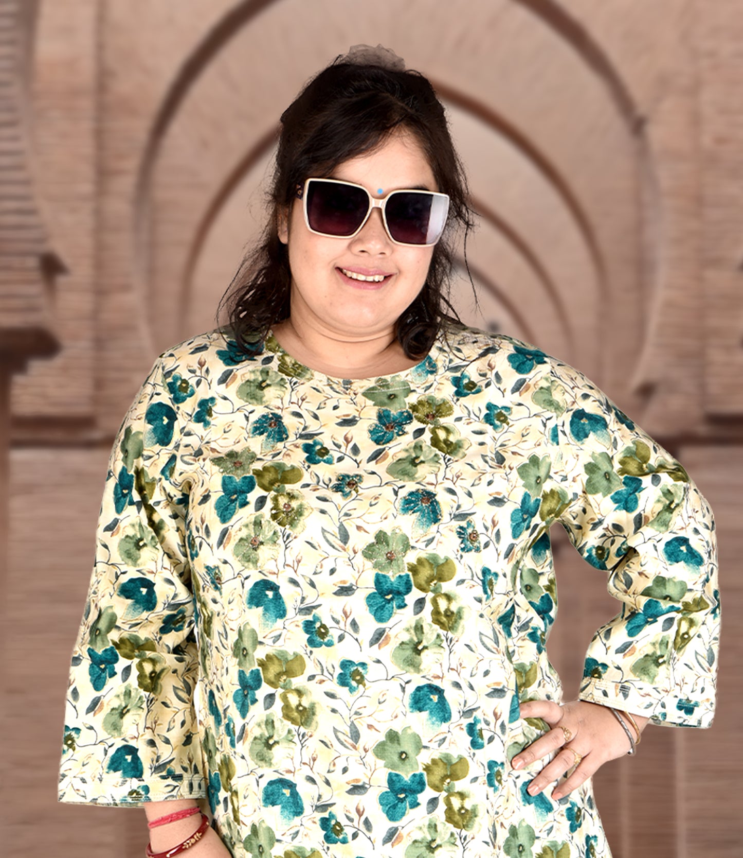 Green Floral Print Plus Size Muslin Kurti with Lemon Yellow Floral Print