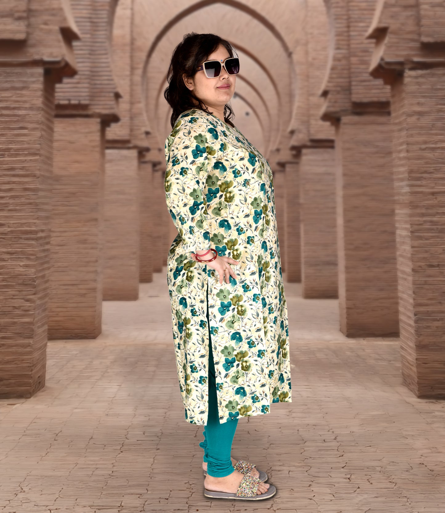 Green Floral Print Plus Size Muslin Kurti with Lemon Yellow Floral Print