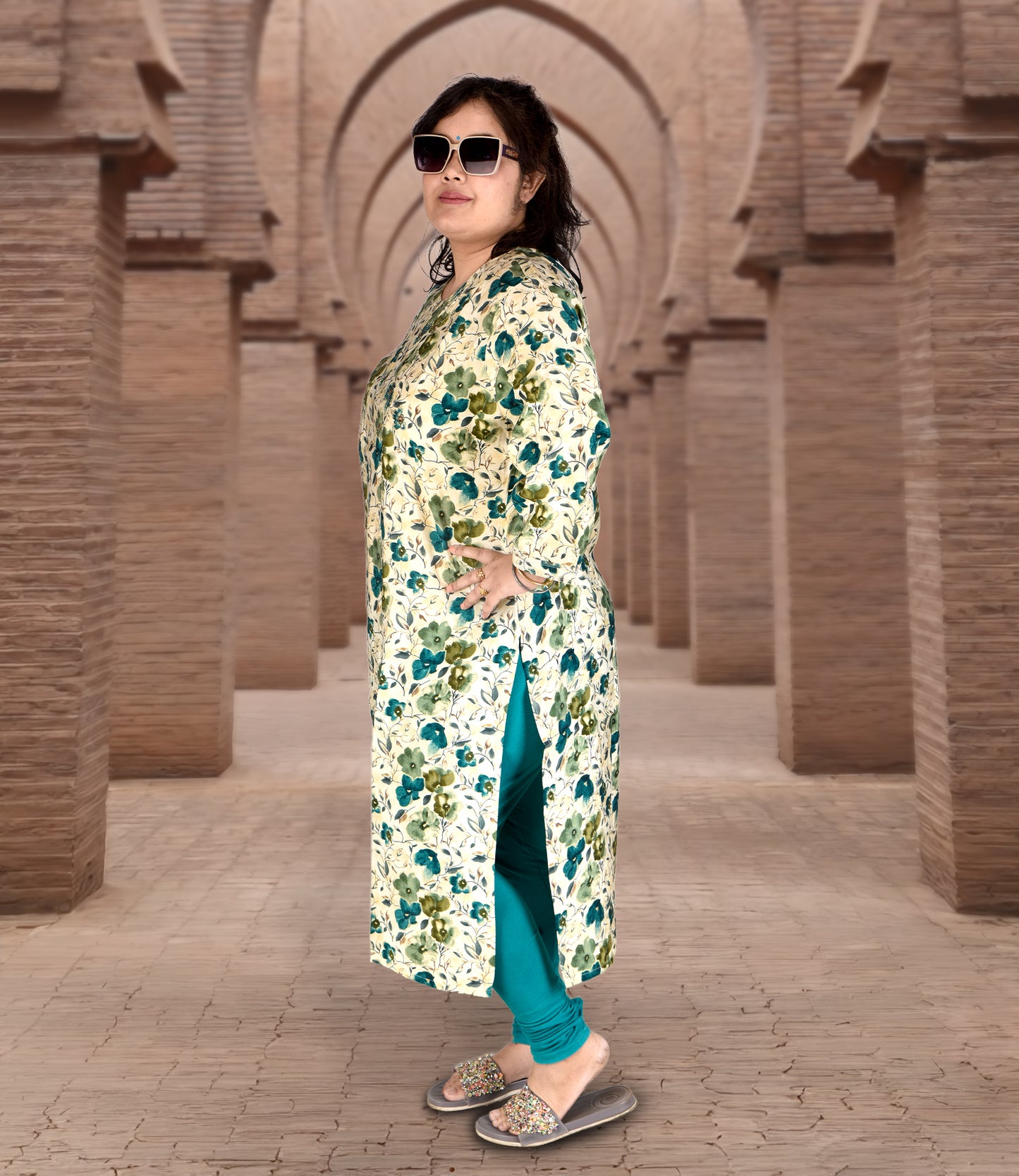 Green Floral Print Plus Size Muslin Kurti with Lemon Yellow Floral Print