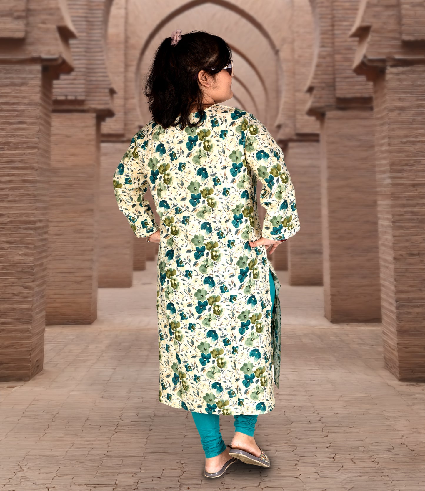 Green Floral Print Plus Size Muslin Kurti with Lemon Yellow Floral Print