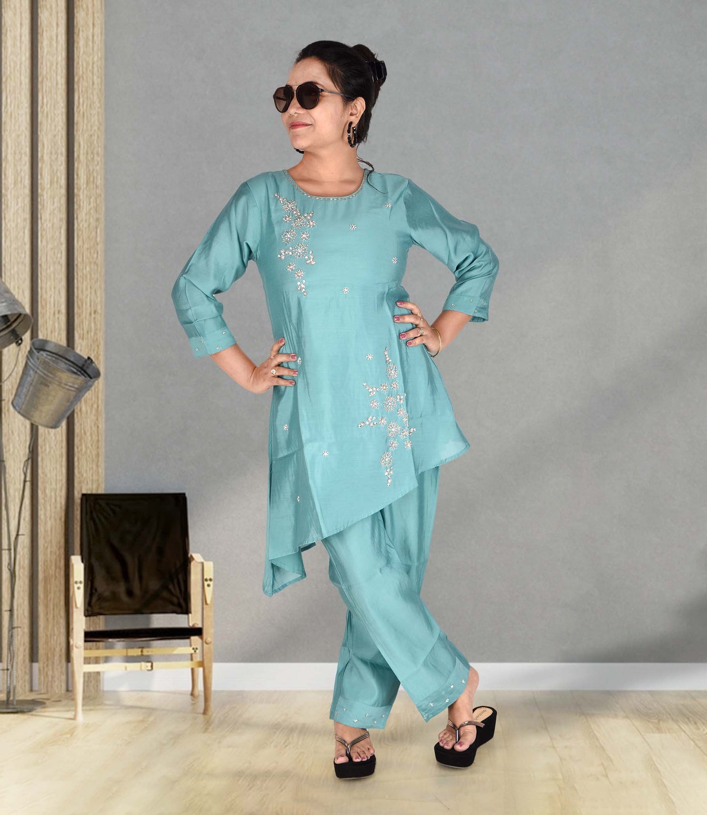 Blue Muslin Top and Trousers with Glass Bead Handwork and an Up-Down Cut