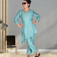 Blue Muslin Top and Trousers with Glass Bead Handwork and an Up-Down Cut
