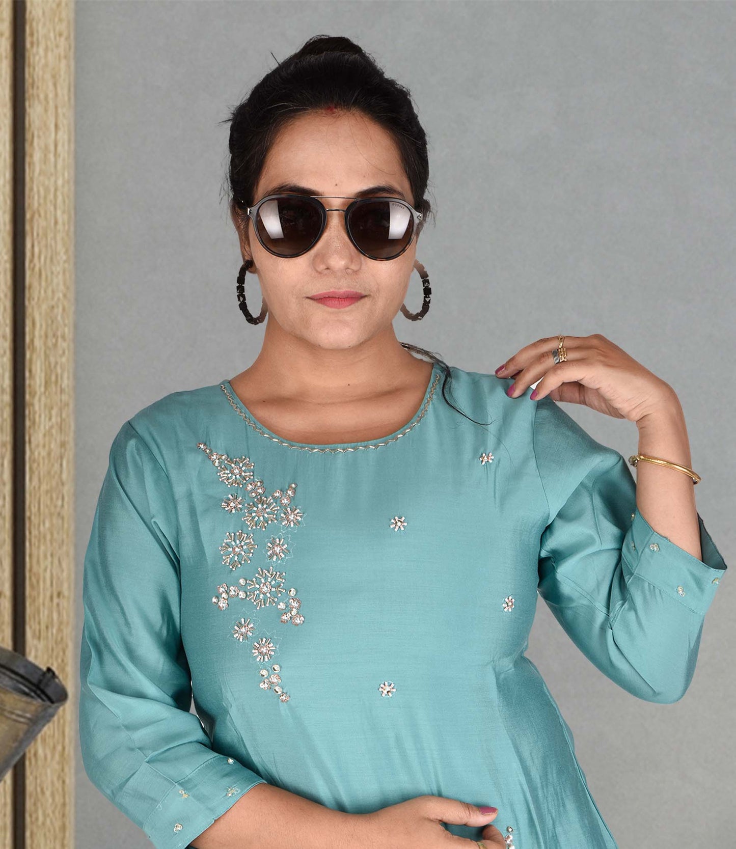 Blue Muslin Top and Trousers with Glass Bead Handwork and an Up-Down Cut