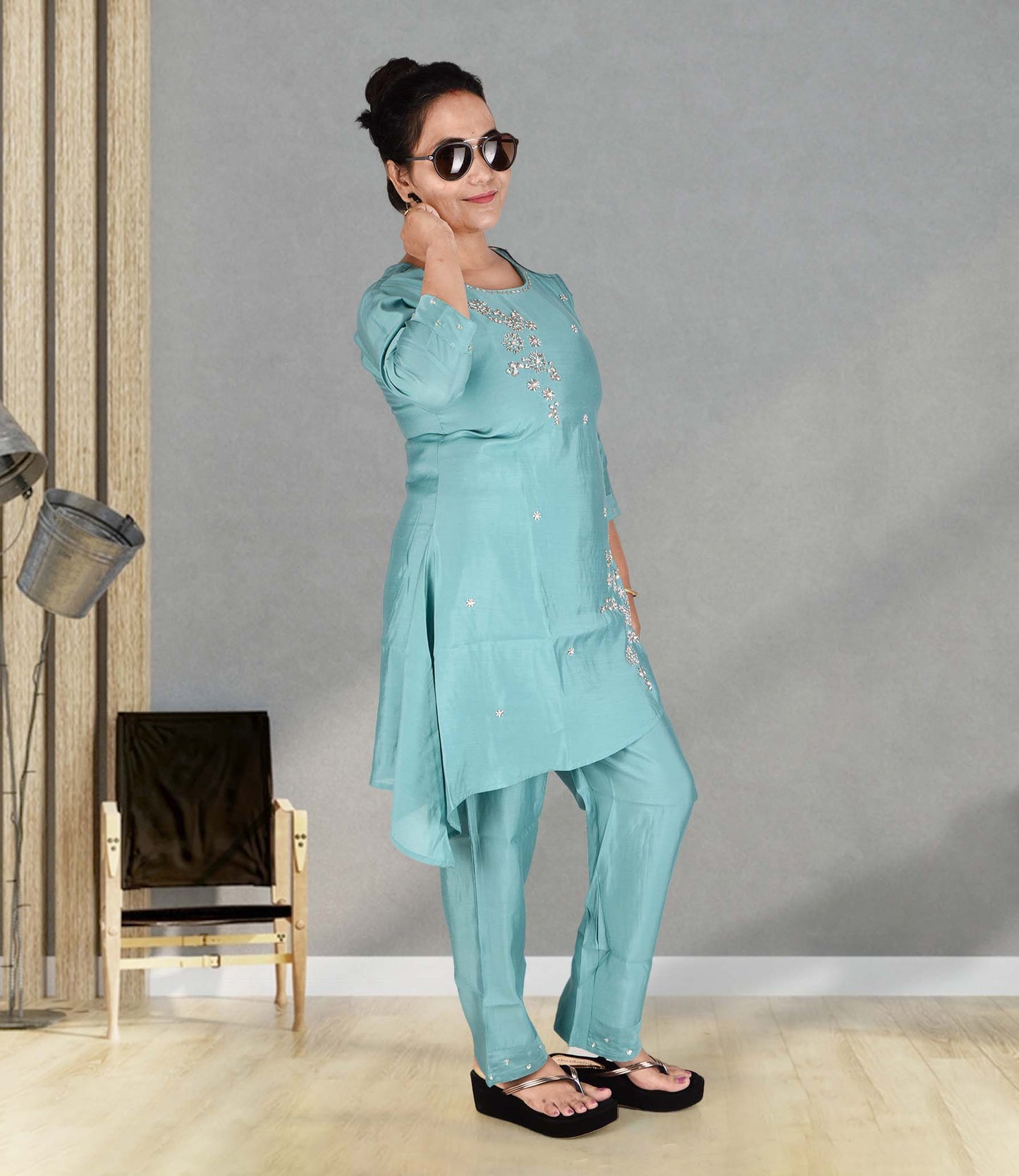 Blue Muslin Top and Trousers with Glass Bead Handwork and an Up-Down Cut