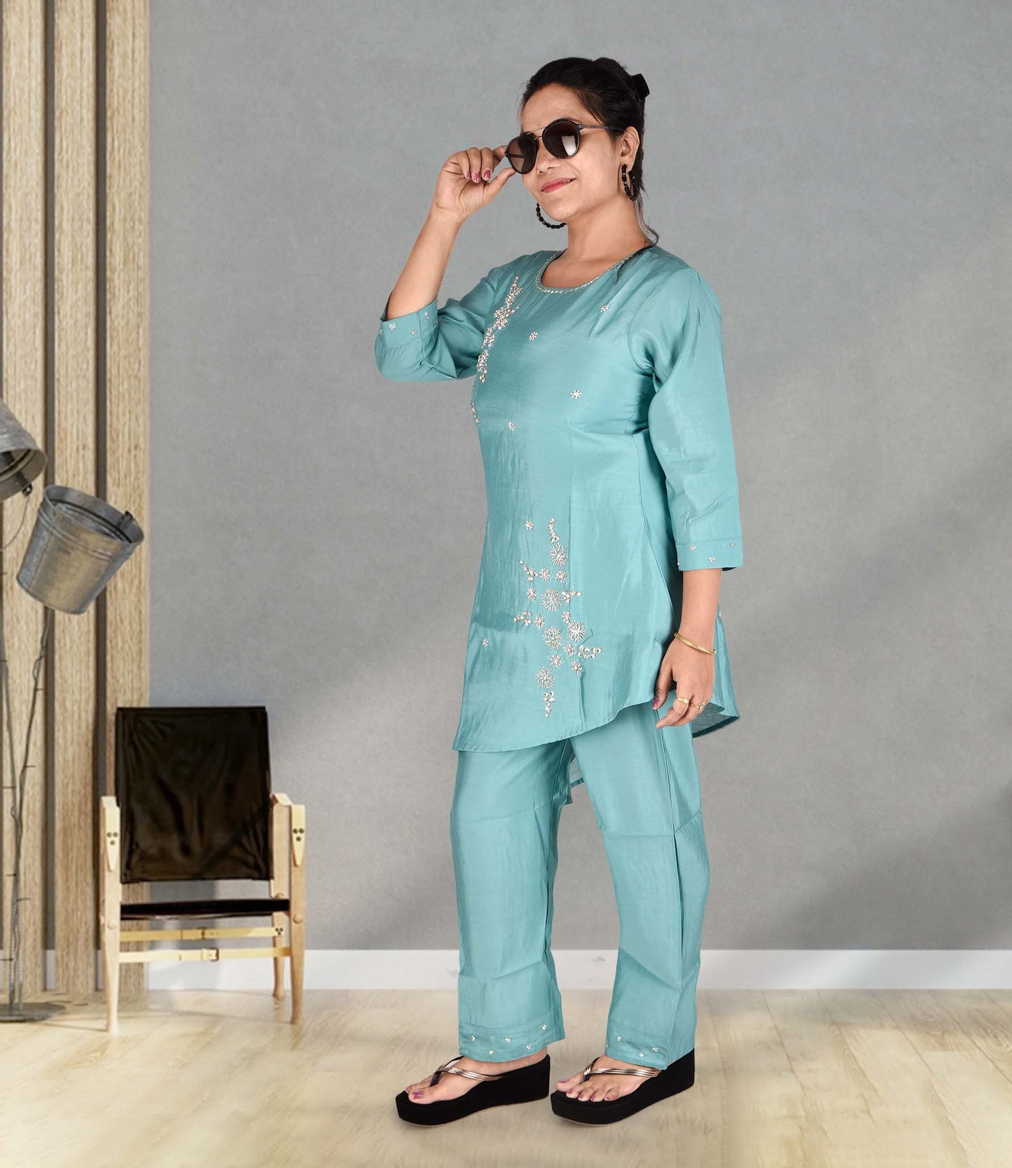 Blue Muslin Top and Trousers with Glass Bead Handwork and an Up-Down Cut