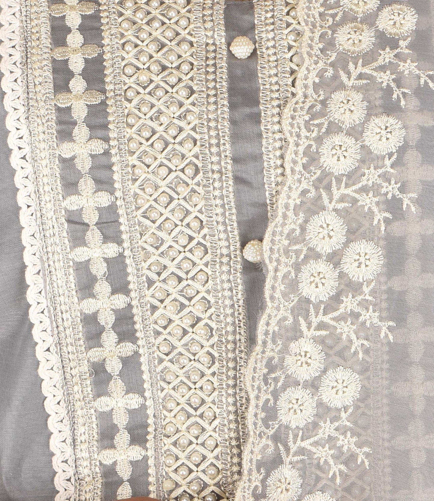Grey and White Embroidery Kurta with Trousers and Dupatta