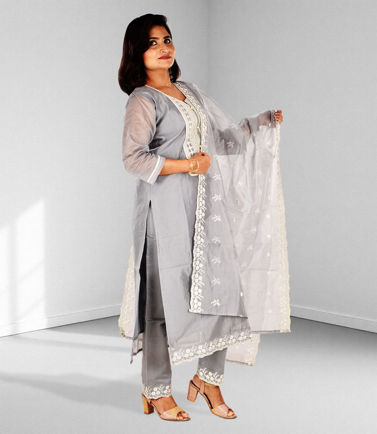 Grey and White Embroidery Kurta with Trousers and Dupatta