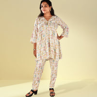White Base Multicoloured Viscose Rayon Self Print Co-ord Set