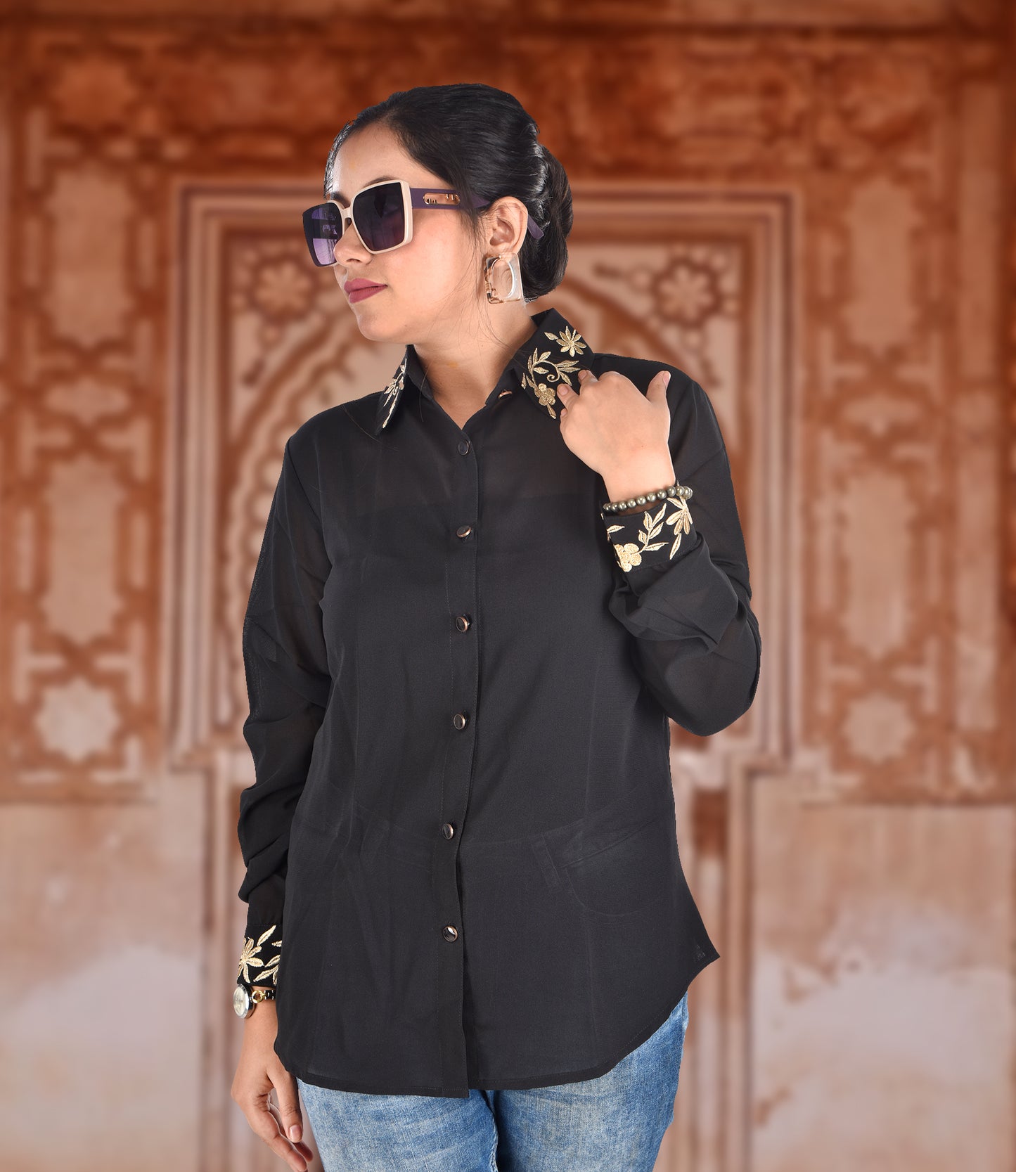 Black Shirt with Golden Embroidery