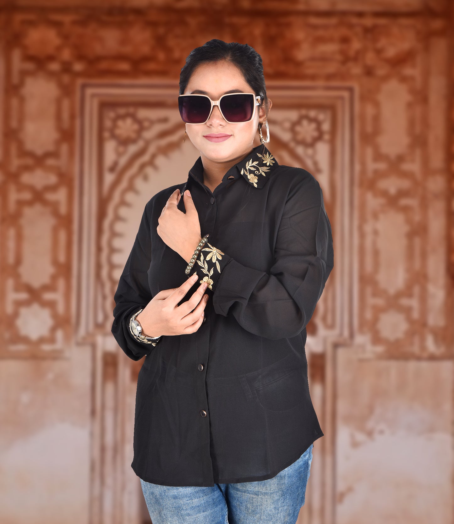 Black Shirt with Golden Embroidery