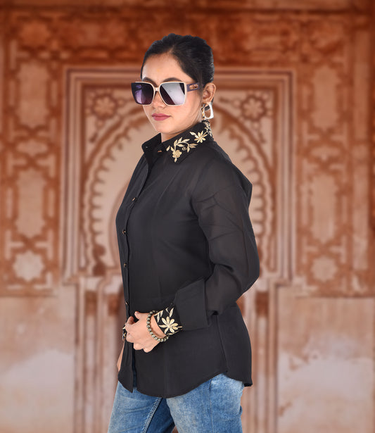 Black Shirt with Golden Embroidery