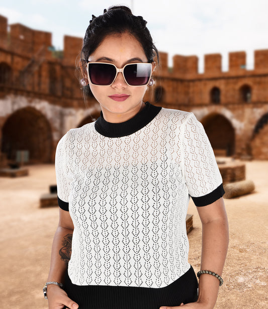 White Knitted Crop Top with Black Trousers