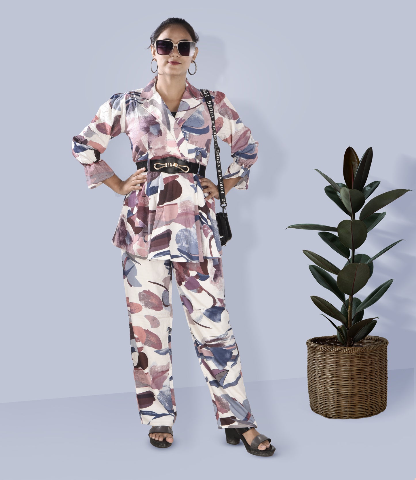 Multicolor Flower Print Co-ord Set (2-Piece Set) with Detachable Belt