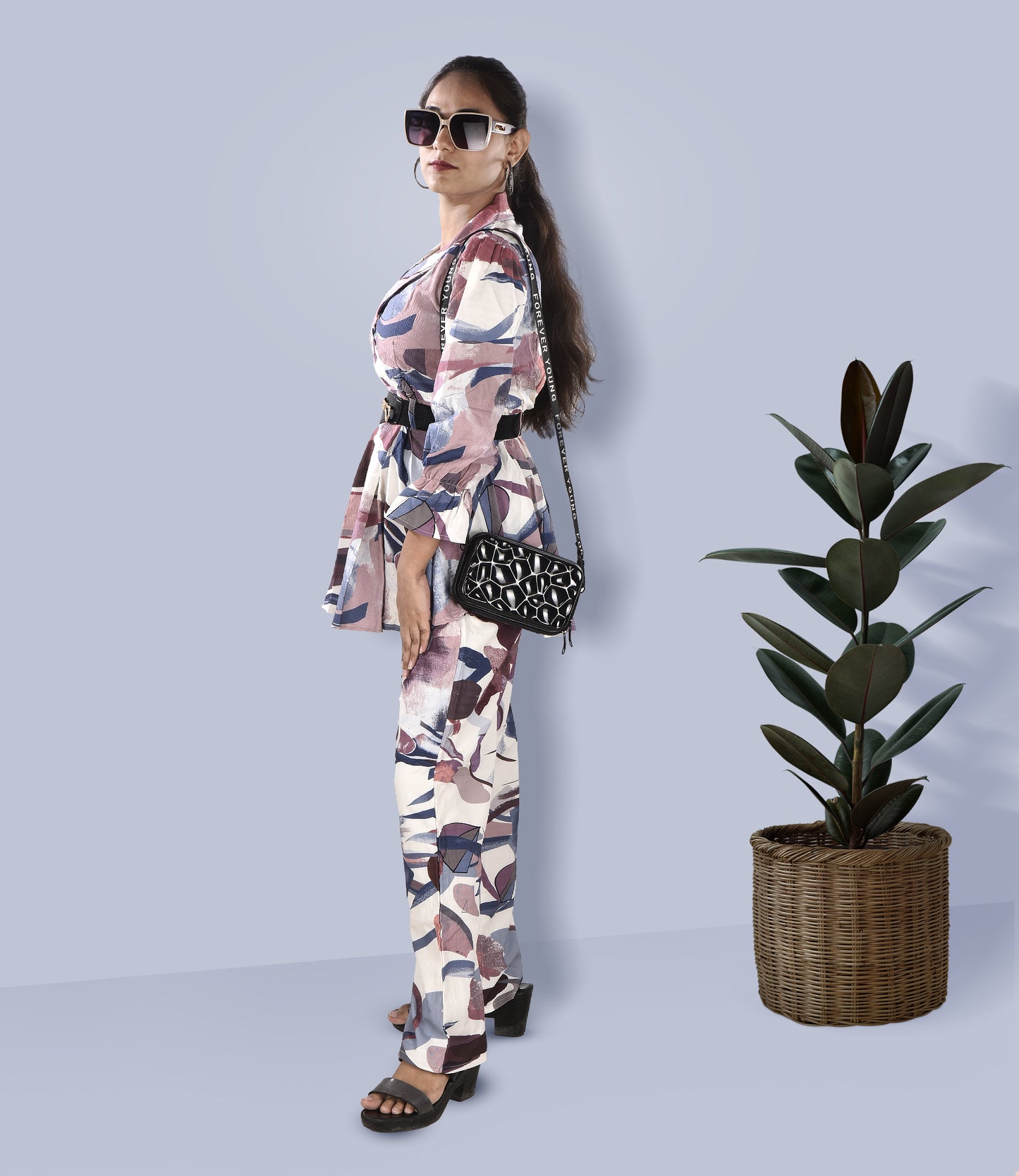 Multicolor Flower Print Co-ord Set (2-Piece Set) with Detachable Belt