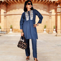 Blue Top and Trousers Co-ord Set with Lace Work