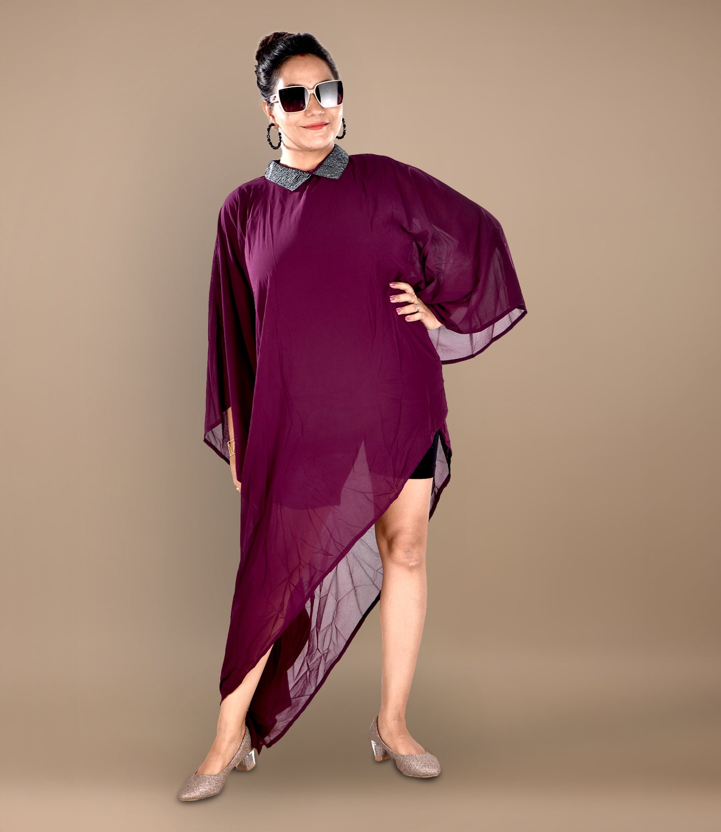 High-Low Pattern Maroon Chiffon Party Wear Dress