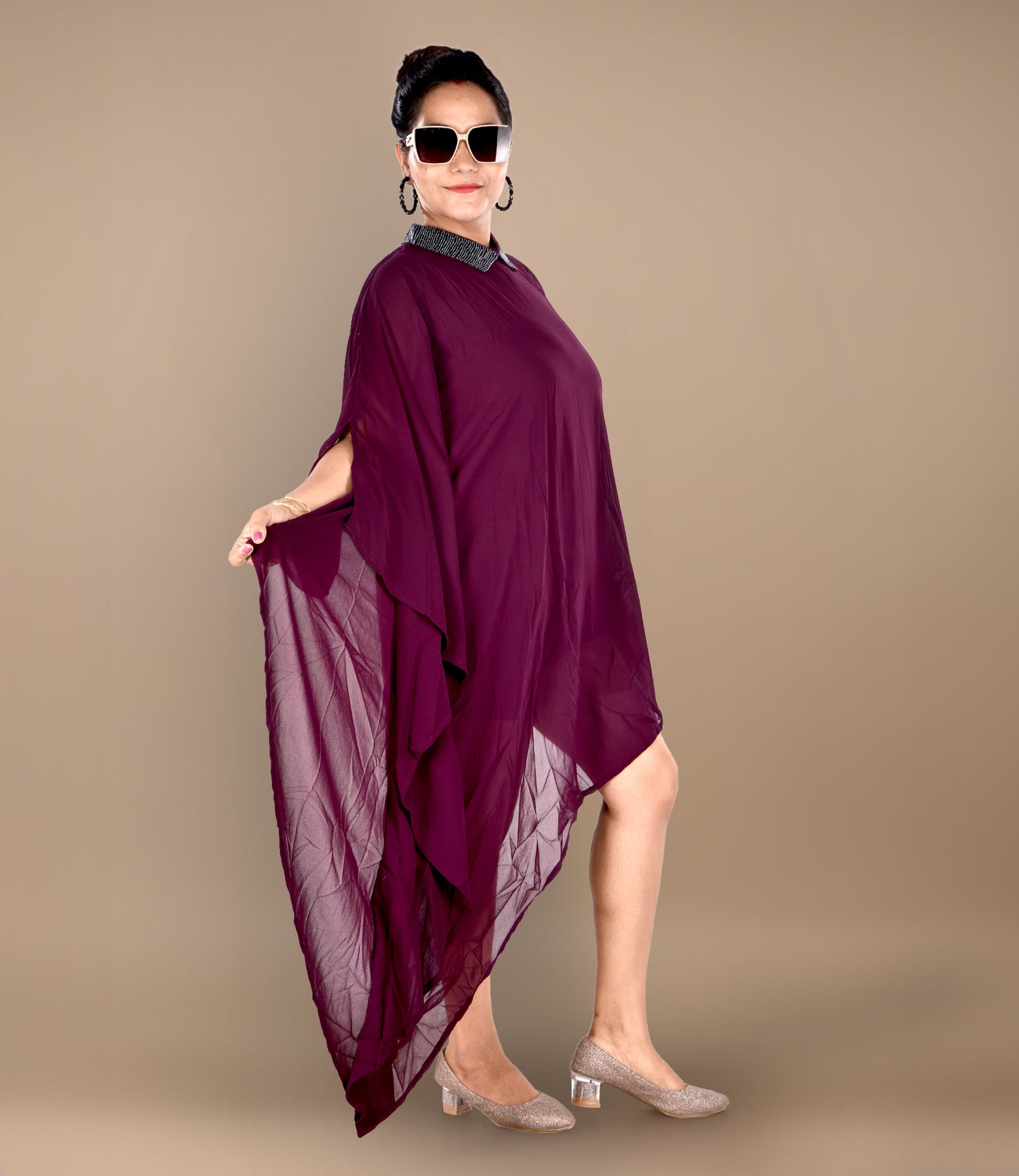 High-Low Pattern Maroon Chiffon Party Wear Dress