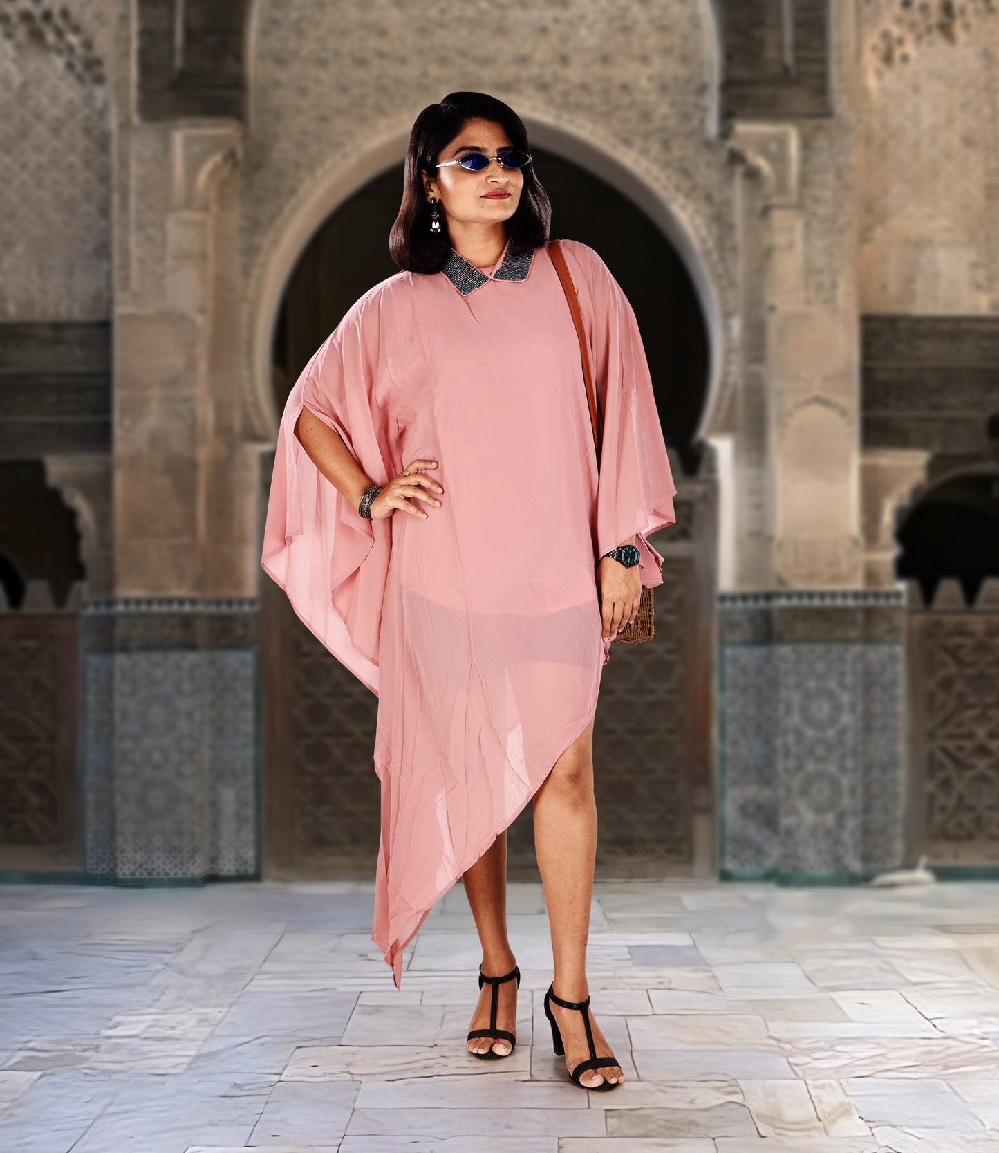 High-Low Pattern Peach Chiffon Party Wear Dress
