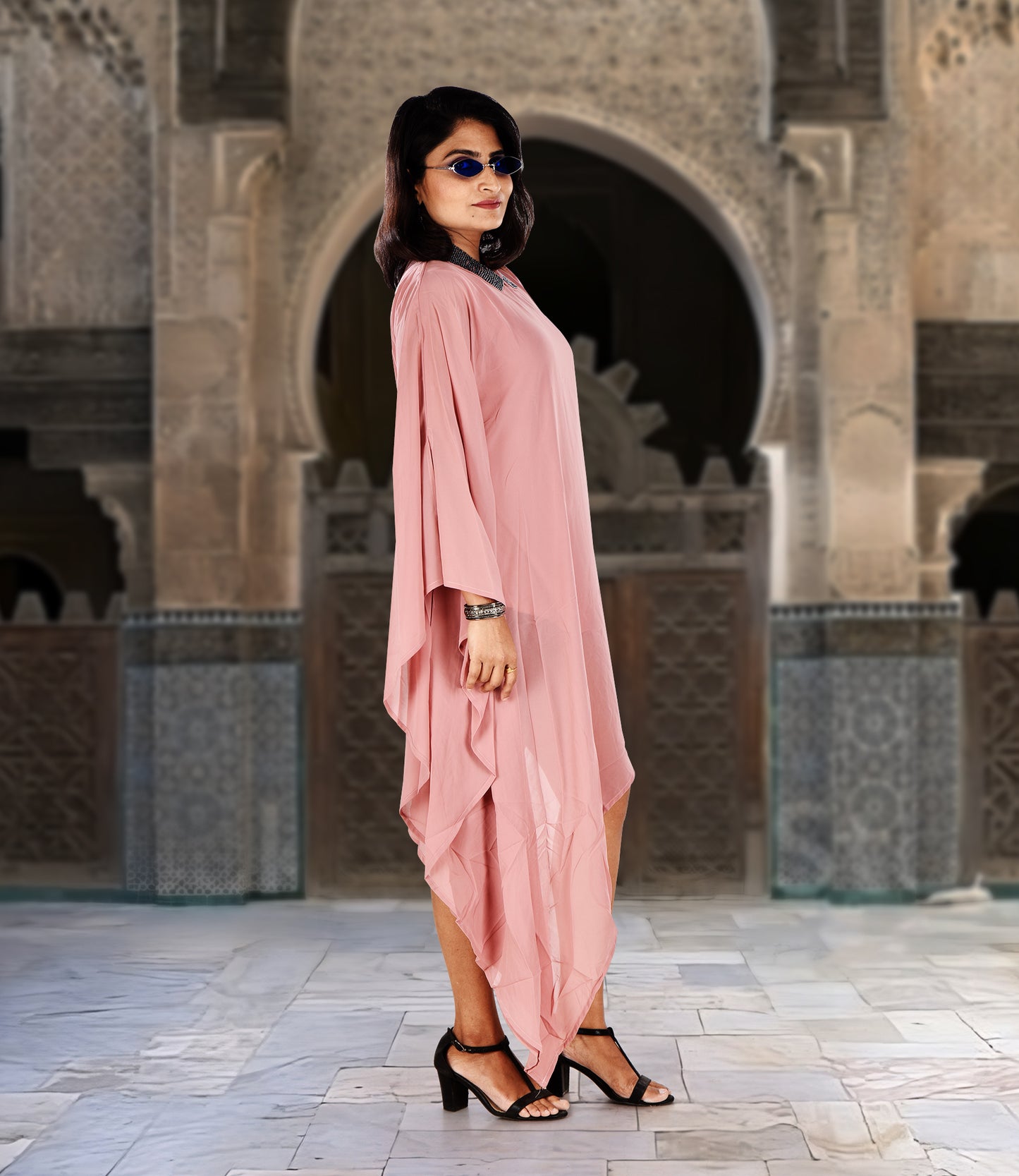 High-Low Pattern Peach Chiffon Party Wear Dress