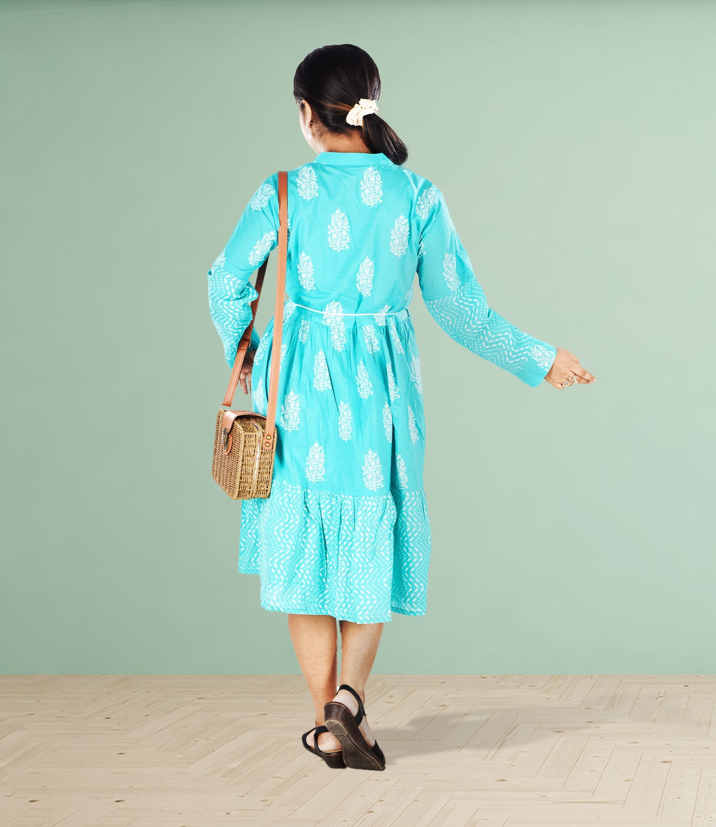 Green Mirror Embroidery Flared Knee Length Ethnic Dress
