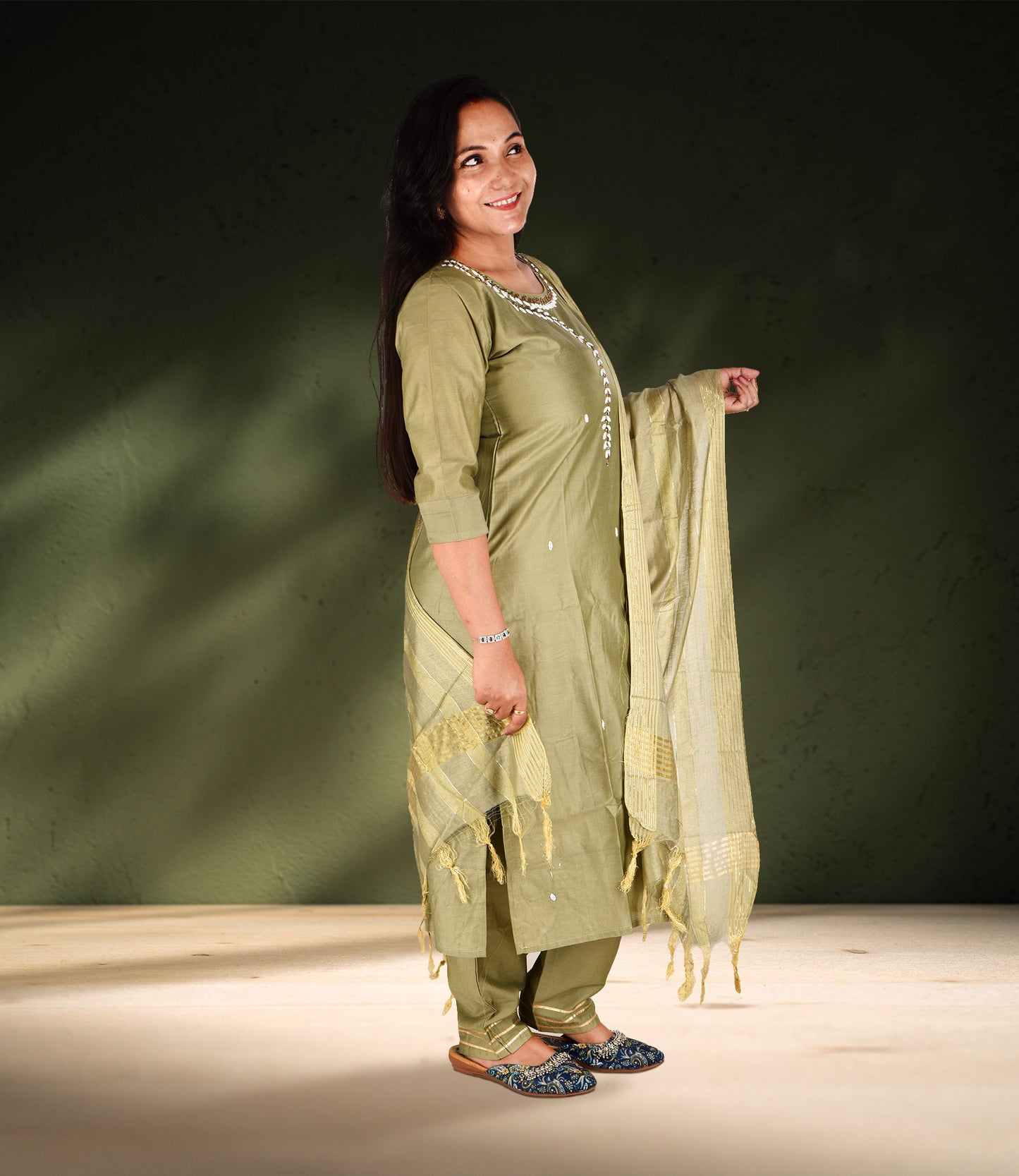 Green Beads Sequence Work Kurta, Pants with Dupatta Set