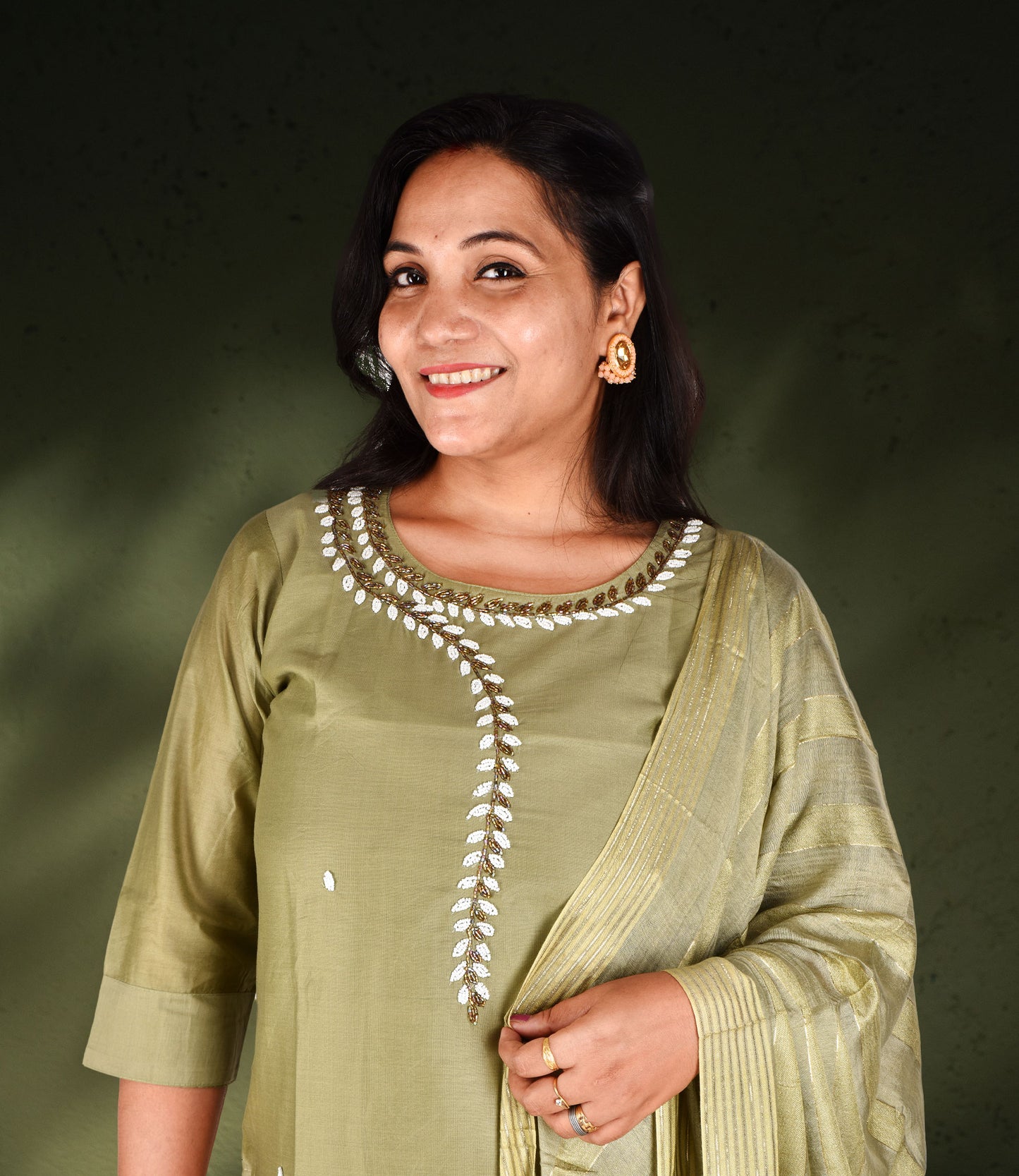 Green Beads Sequence Work Kurta, Pants with Dupatta Set