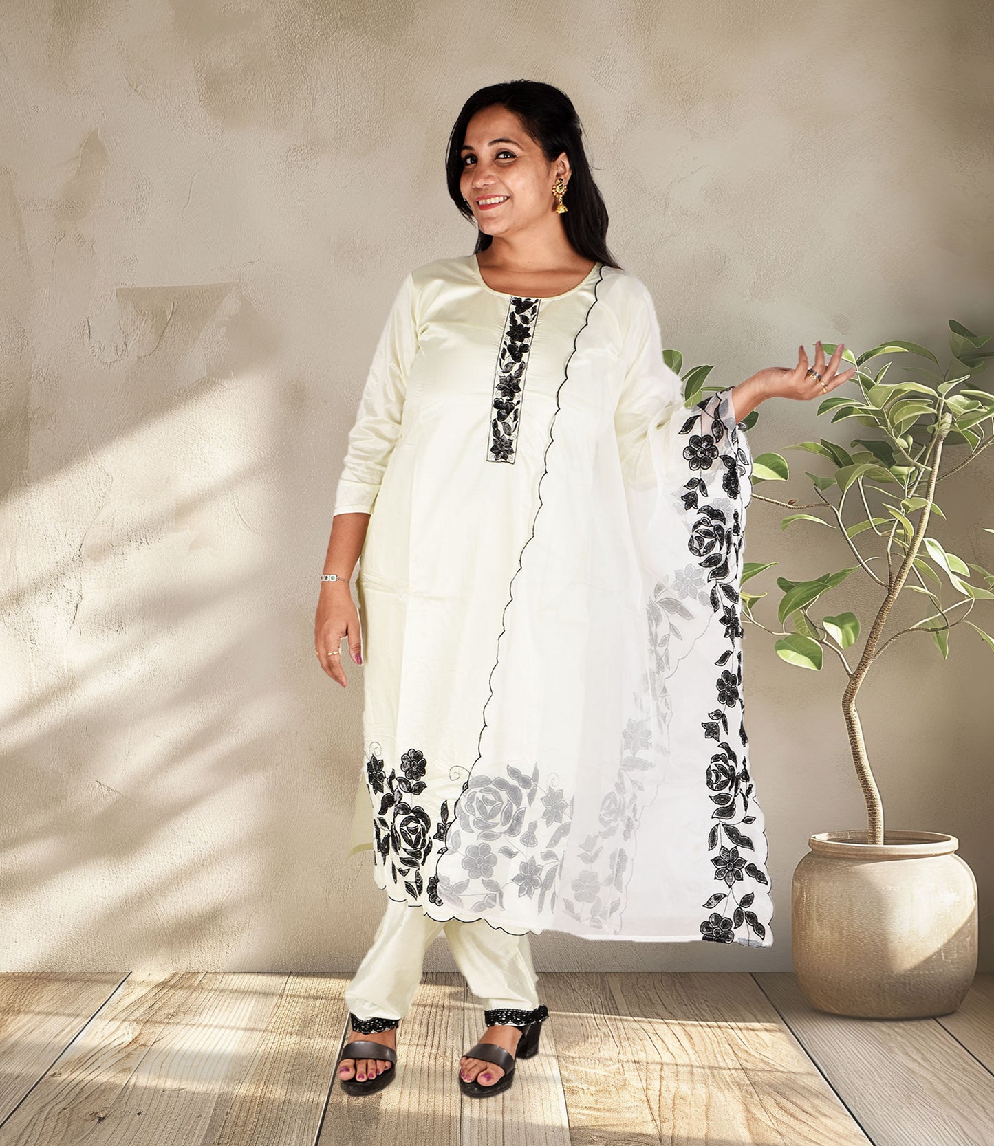 Off-White Full Sequence Work Kurta with Dupatta Set