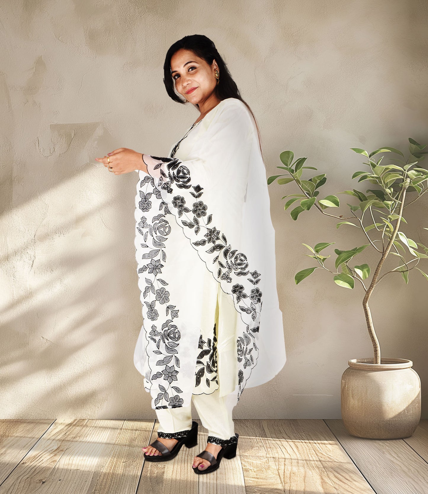 Off-White Full Sequence Work Kurta with Dupatta Set